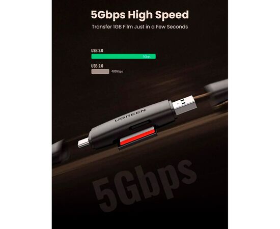 Считыватель флеш-карт Ugreen USB-C + USB to TF/SD 3.0 CM304 black (80191), изображение 6
