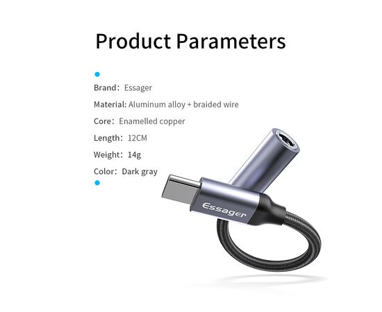 Переходник USB-C M to 3.5mm F 0.12m gray Essager (EZJE01-0G), изображение 5