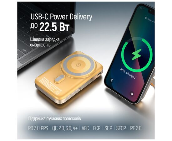 Батарея універсальна ColorWay 10 000 mAh PD/22.5W, 15W MagSafe & Watch Wireless Amber (CW-PB100LPA2Y-WPDD), зображення 11