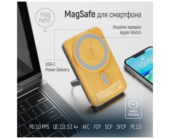 Батарея універсальна ColorWay 10 000 mAh PD/22.5W, 15W MagSafe & Watch Wireless Amber (CW-PB100LPA2Y-WPDD), зображення 8