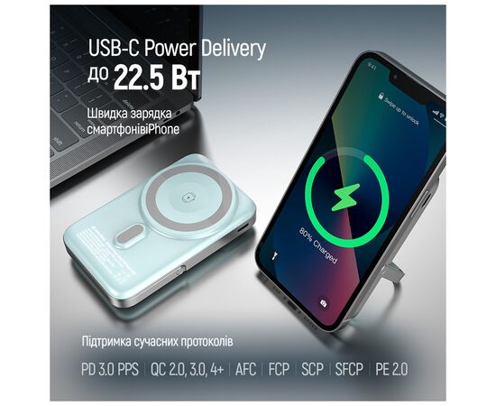 Батарея универсальная ColorWay 10 000 mAh PD/22.5W, 15W MagSafe & Watch Wireless Aquamarine (CW-PB100LPA2MT-WPDD), изображение 11