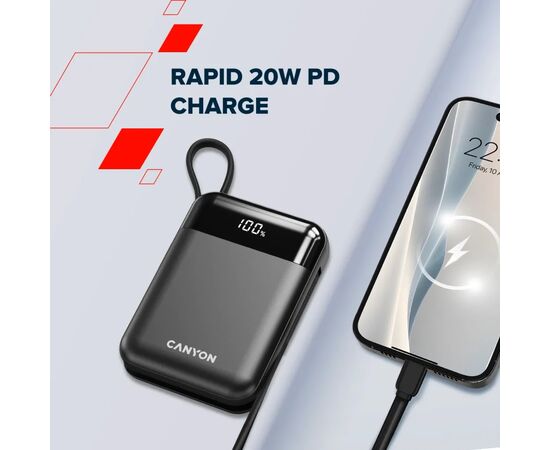 Батарея универсальная Canyon 10000mAh OnPower 104 PD/20W, QC/22.5W built-in cable Black (CNS-CPB104B), изображение 7