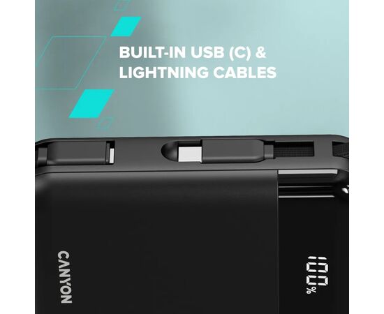 Батарея универсальная Canyon 10000mAh OnPower 104 PD/20W, QC/22.5W built-in cable Black (CNS-CPB104B), изображение 8