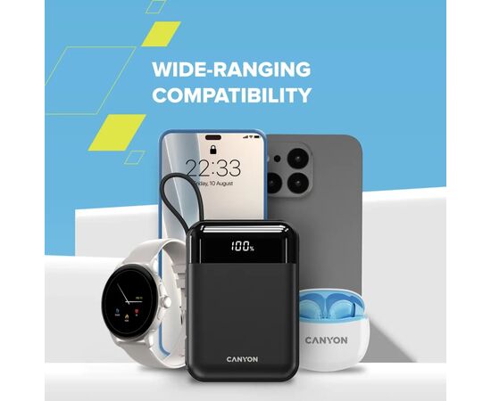 Батарея универсальная Canyon 10000mAh OnPower 104 PD/20W, QC/22.5W built-in cable Black (CNS-CPB104B), изображение 9