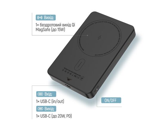 Батарея універсальна ColorWay 10 000 mAh PD/22.5W, 15W MagSafe Black (CW-PB100LPA1BK-WPDD), зображення 6