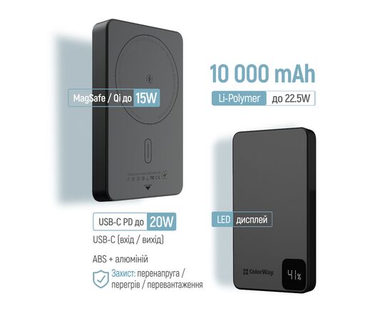 Батарея універсальна ColorWay 10 000 mAh PD/22.5W, 15W MagSafe Black (CW-PB100LPA1BK-WPDD), зображення 7