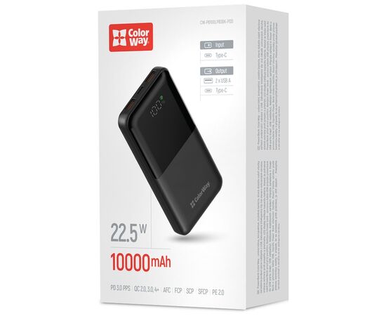 Батарея универсальная ColorWay 10 000 mAh PD/22.5W, QC/3.0, LCD, Black (CW-PB100LPB3BK-PDD), изображение 5
