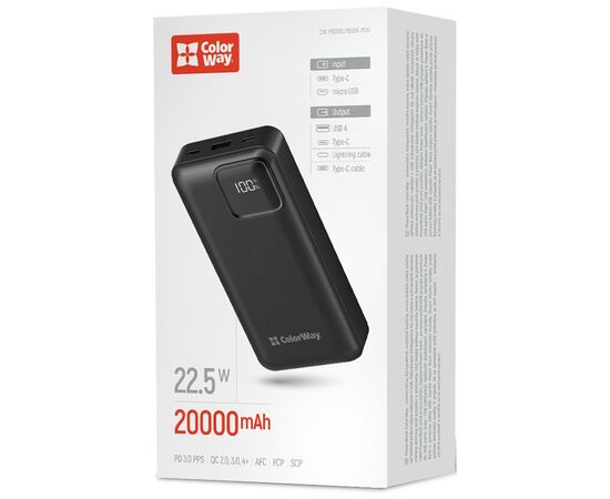 Батарея универсальная ColorWay 20 000 mAh Optimal Power PD/22.5W, QC/3.0, Black (CW-PB200LPB5BK-PDD), изображение 5
