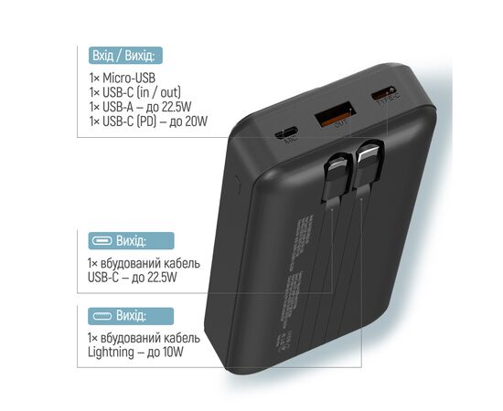 Батарея универсальная ColorWay 20 000 mAh Optimal Power PD/22.5W, QC/3.0, Black (CW-PB200LPB5BK-PDD), изображение 6