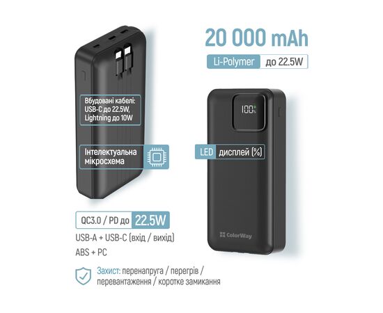 Батарея универсальная ColorWay 20 000 mAh Optimal Power PD/22.5W, QC/3.0, Black (CW-PB200LPB5BK-PDD), изображение 7