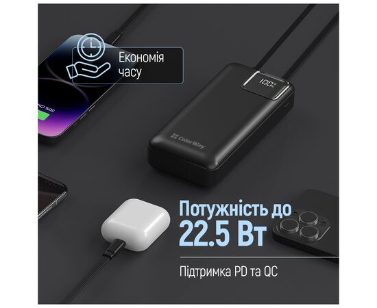 Батарея универсальная ColorWay 20 000 mAh Optimal Power PD/22.5W, QC/3.0, Black (CW-PB200LPB5BK-PDD), изображение 9