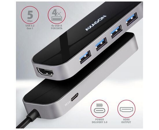 Концентратор AXAGON USB-C 6-in-1 to 4xUSB-A 5Gbps + 1xUSB-C PD100W + HDMI 4K30Hz 0.2m aluminum (HMC-6H4A), зображення 2
