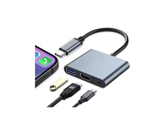 Концентратор Dynamode USB-C 3-in-1 1xHDMI + 1xUSB 3.0 + 1xUSB-C PD 87W 4K (Multiport USB-C 3-in-1 dark grey), изображение 6