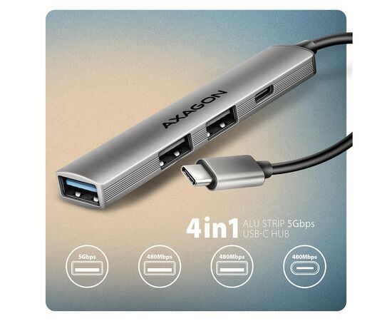 Концентратор AXAGON USB-C to 1xUSB-A 5Gbps + 2xUSB-A 480Mbps + 1xUSB-C 480Mbps 0.12m aluminum (HUE-STC), изображение 2