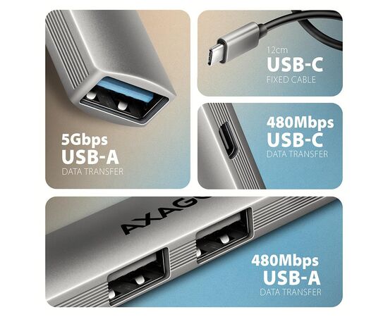 Концентратор AXAGON USB-C to 1xUSB-A 5Gbps + 2xUSB-A 480Mbps + 1xUSB-C 480Mbps 0.12m aluminum (HUE-STC), изображение 3