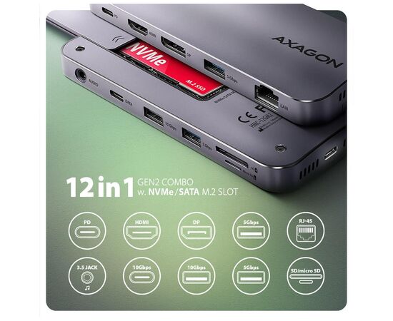Концентратор AXAGON USB-C 12-in-1 HDMI + DisplayPort + RJ45 1000Mbps + PD100W aluminum gray (HMC-12GM2), зображення 2