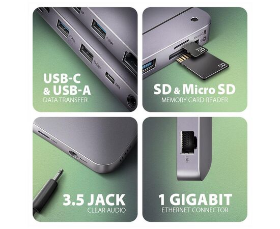 Концентратор AXAGON USB-C 12-in-1 HDMI + DisplayPort + RJ45 1000Mbps + PD100W aluminum gray (HMC-12GM2), зображення 3