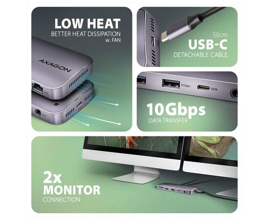 Концентратор AXAGON USB-C 12-in-1 HDMI + DisplayPort + RJ45 1000Mbps + PD100W aluminum gray (HMC-12GM2), зображення 5
