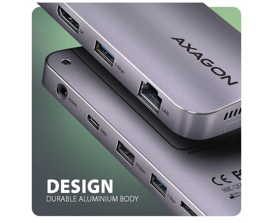 Концентратор AXAGON USB-C 12-in-1 HDMI + DisplayPort + RJ45 1000Mbps + PD100W aluminum gray (HMC-12GM2), зображення 6