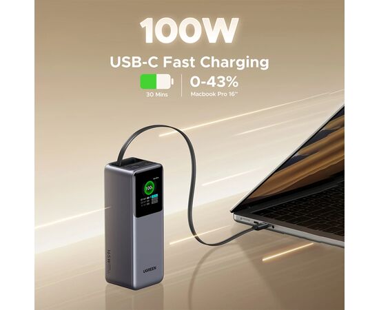 Батарея универсальная Ugreen 20000mAh 165W with Retractable Cable (PB726 55987B), изображение 5