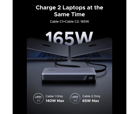 Батарея универсальная Ugreen 25000mAh 165W DualCable (PB552 55995B), изображение 2