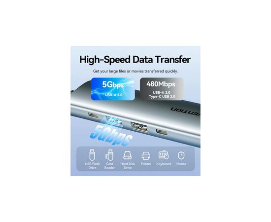Концентратор VENTION USB-C 5-in-1 HDMI + USB 3.0 + USB 2.0 + USB-C 2.0 + PD 100W (TGLHB), изображение 7