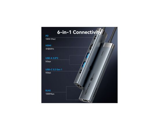 Концентратор VENTION USB-C 6-in-1 HDMI + 2xUSB 3.0 + RJ45 + PD 100W (TGNHB), изображение 4
