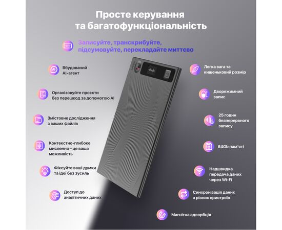Цифровой диктофон Mobvoi TicNote with IA Shadow 64GB Black (NE-79), изображение 8