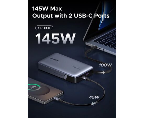 Батарея универсальная Ugreen 20000mAh 145W with Built-in Cable (PB551 55992B), изображение 4