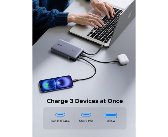 Батарея универсальная Ugreen 20000mAh 145W with Built-in Cable (PB551 55992B), изображение 5