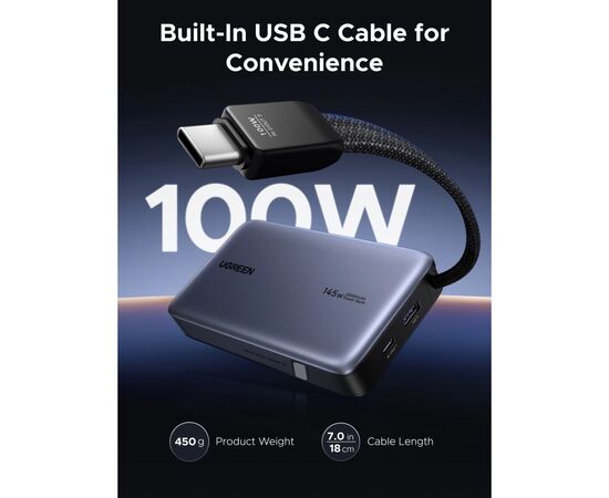 Батарея универсальная Ugreen 20000mAh 145W with Built-in Cable (PB551 55992B), изображение 7