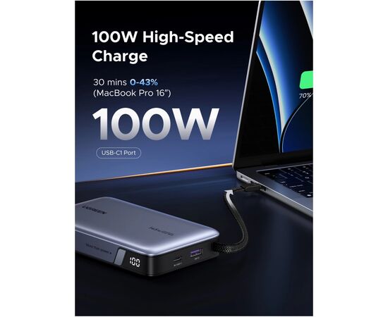 Батарея универсальная Ugreen 20000mAh 145W with Built-in Cable (PB551 55992B), изображение 9