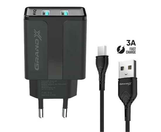 Зарядний пристрій Grand-X CH-15T 5V 2.1A 2USB Black + cable USB -> Type-C (CH-15T)