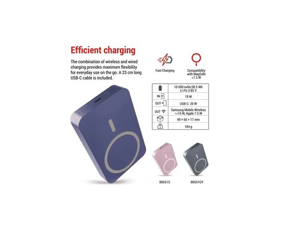 Батарея универсальная EMOS 10000mAh WI1046, 20W, Wireless, blue (B0551BL), изображение 12