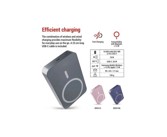Батарея универсальная EMOS 10000mAh WI1046, 20W, Wireless, grey (B0551GY), изображение 10