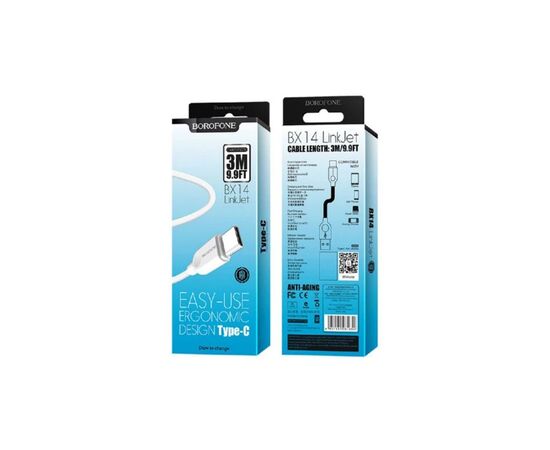 Дата кабель USB 2.0 AM to USB-C 3.0m 2.4A BX14 white BOROFONE (6957531090397), изображение 2
