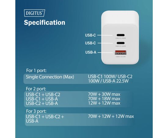 Зарядное устройство Digitus 2xUSB-C + 1xUSB-A GaN 100W (DA-10304), изображение 10