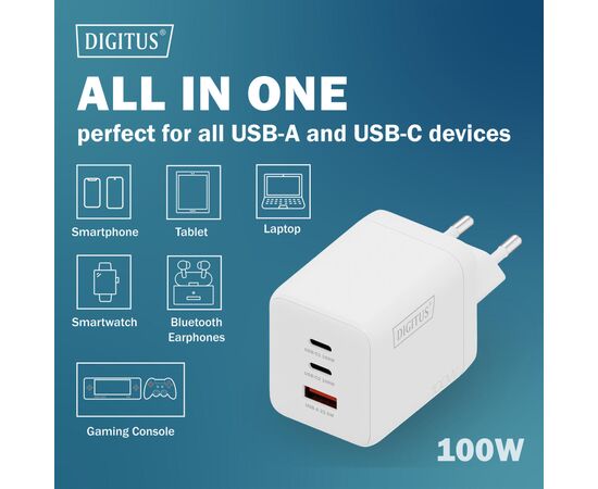 Зарядное устройство Digitus 2xUSB-C + 1xUSB-A GaN 100W (DA-10304), изображение 6