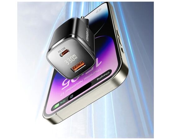 Зарядное устройство 1xUSB-C + 1xUSB 33W GaN black Essager (ECT33W-GMB01-Z), изображение 6