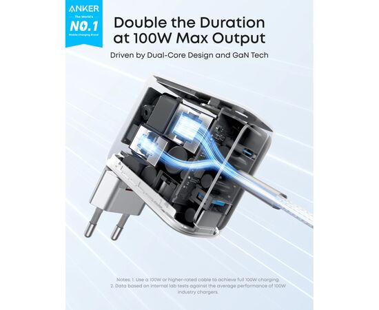Зарядное устройство Anker 2xUSB-C PD100W + 1xUSB GaN w Display + cable USB-C silver (B121BG41), изображение 2