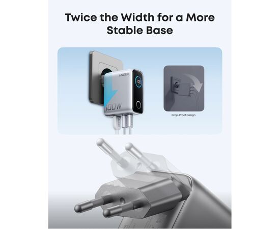Зарядное устройство Anker 2xUSB-C PD100W + 1xUSB GaN w Display + cable USB-C silver (B121BG41), изображение 6