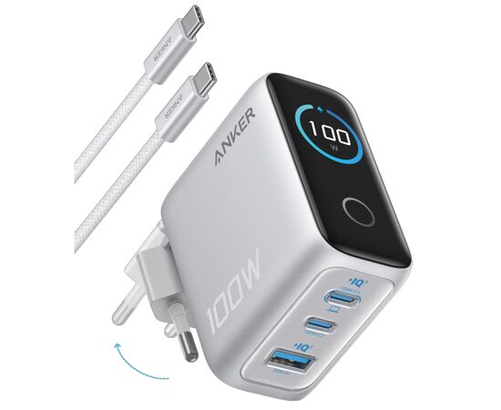 Зарядное устройство Anker 2xUSB-C PD100W + 1xUSB GaN w Display + cable USB-C silver (B121BG41)