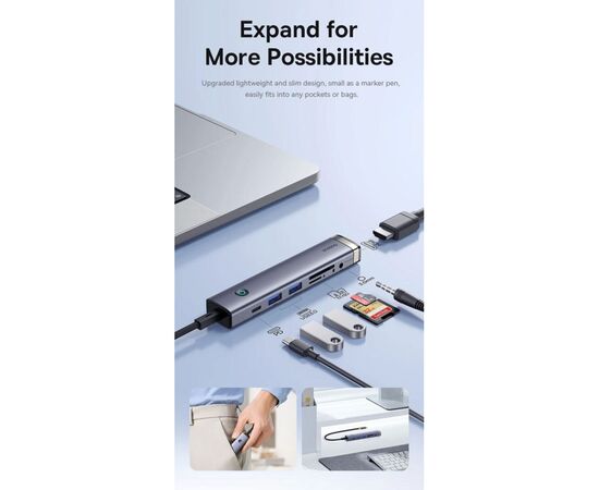 Концентратор Baseus USB-C 7-Port HDMI 4K60Hz + 2xUSB 3.0 + PD + SD/TF 3.0 + 3.5mm gray (B00052803811-02), изображение 9