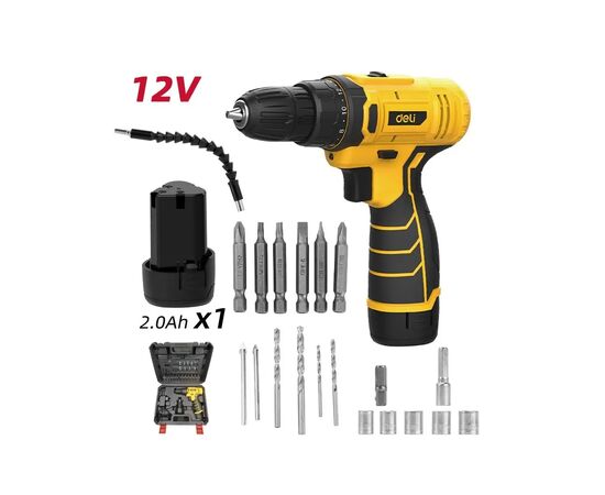 Шуруповерт Deli 12V, 2Ah, 3Nm, насадки+набор сверл и бит (EDL-DZ12-6A2), изображение 2