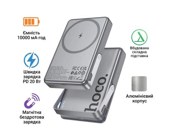 Батарея универсальная HOCO 10000mAh Sunlight PD/20W Magnetic with stand Metal Grey (Q36A / 714987)