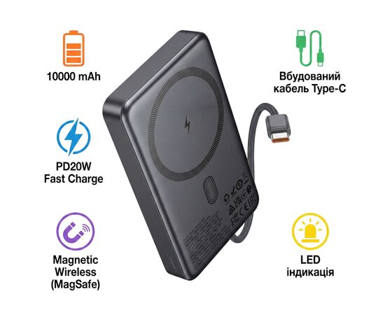 Батарея універсальна HOCO 10000 mAh Origen Dual PD/20W Magnetic with cable Type-C Metal Gray (Q44 / 714983)