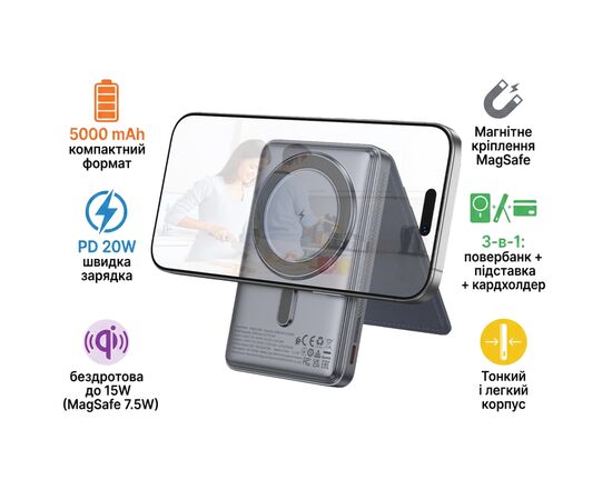 Батарея універсальна HOCO 5000mAh Title PD/20W Magnetic with stand + mini wallet Grey (Q46 / 714988)