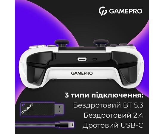 Геймпад GamePro із зарядною станцією 2.4G/BT 5.1/USB (Switch/PC/PS/iOS/Android) RGB White (GPS20W), изображение 6