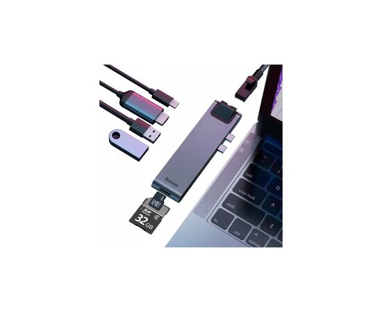 Концентратор Baseus USB-C Thunderbolt 7-in-1 2xUSB 3.0 + 1xUSB-C PD + HDMI 4K60Hz + SD/TF + 1xRJ45 1000Mbps gray (CAHUB-L0G), изображение 6