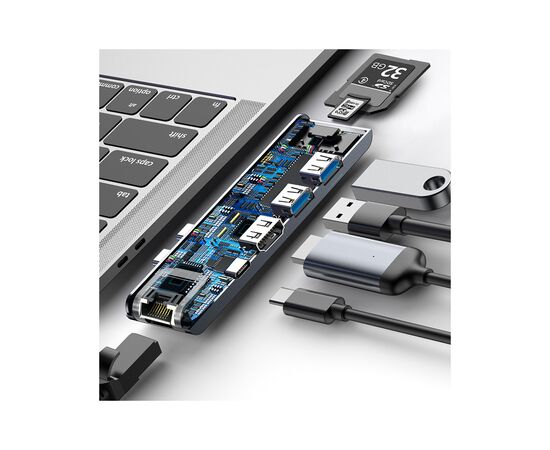 Концентратор Baseus USB-C Thunderbolt 7-in-1 2xUSB 3.0 + 1xUSB-C PD + HDMI 4K60Hz + SD/TF + 1xRJ45 1000Mbps gray (CAHUB-L0G), изображение 8